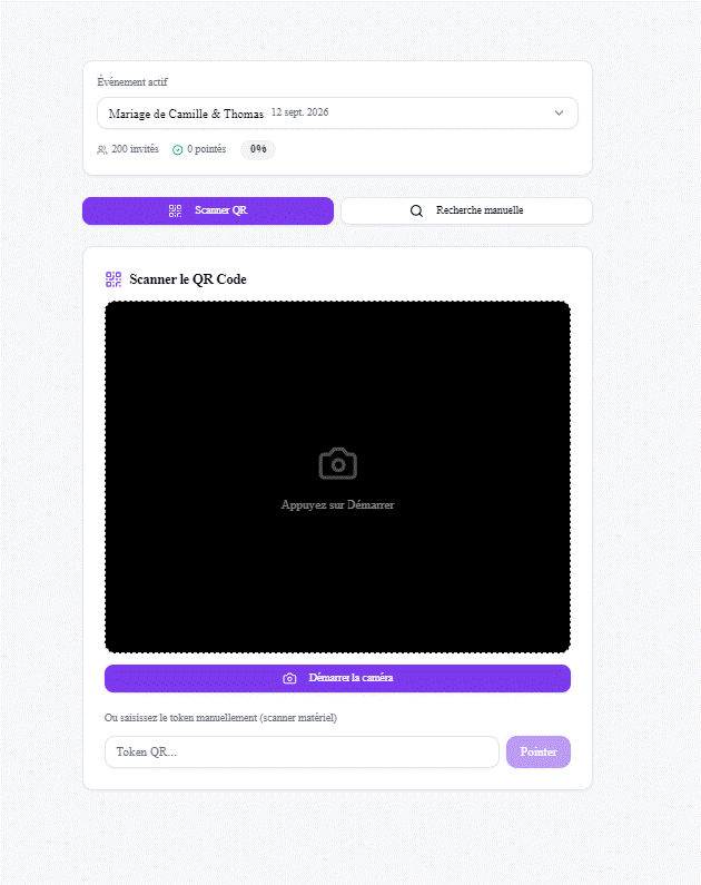 Scanner de check-in QR InviteFlow en action : scan du code et pointage instantané